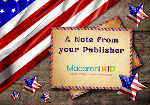 A Note from your Conejo Valley - Malibu - Calabasas Publisher American flag in the background with an old note trimmed in red & blue also American flag stars