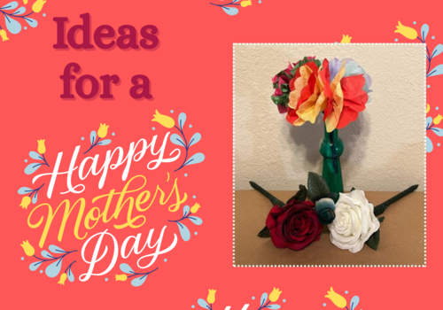 faux flowers in vase and on pens as gifts for Mother's Day