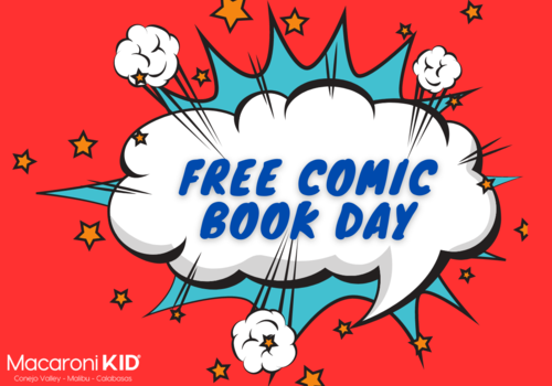 Free Comic Book Day in a word bubble cloud, colorful expositions, smoke and starts graphic