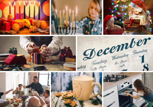 Multiple Images of December Holidays including Kwanzaa, Hanukkah, Christmas, wrapping gifts, family meal, hot drink and cookies, little girl baking cookies