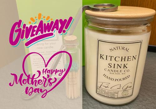 Text reads Giveaway! Mother's Day Giveaway with a image of a Fresh cut grass scented candle, a small jar of matches and a silver wick trimmer.
