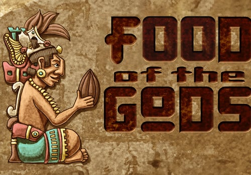 Illustration of an ancient Mesoamerican figure holding a cacao pod, with bold text reading 