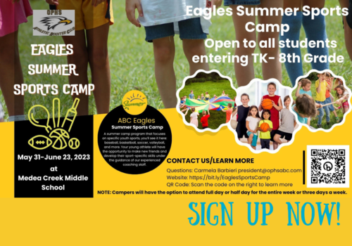 Eagles Summer Sports Camp, May 31-June 23, 2023 at Medea Creek Middle School. Students entering TK-8th grade. Sign up now!