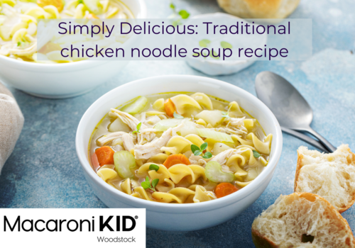 Traditional chicken noodle soup with chicken, carrots, celery, and egg noodles