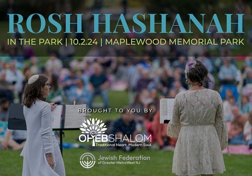 Oheb Shalom Congregation -  Rosh Hashanah in the Park, Maplewood Memorial Park (NJ) - Oct 2 2024; graphic: two women speaking to a crowd on grass.