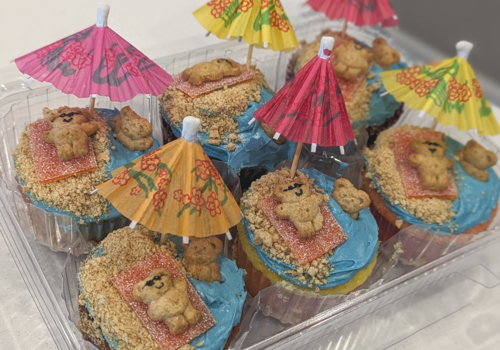 Fun cupcakes designed with teddy bears on the beach