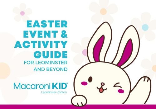 Shows a cartoon bunny waving and text reads easter event and activity guide for leominster and beyond