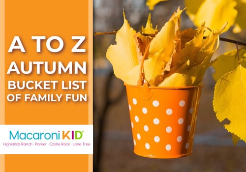 metal bucket hanging from a tree full of fall leaves with text that says a to z bucket list of family fun