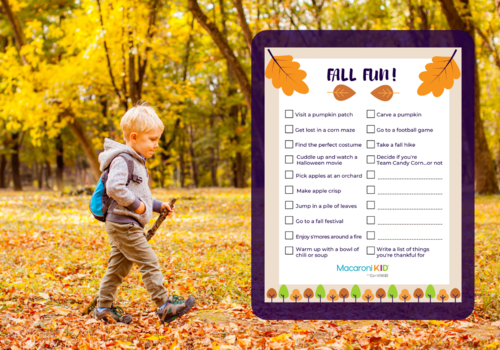 Main image for fall fun printable article. boy walking through golden leaves. Fall fun printable on side.