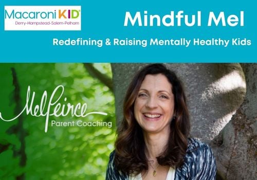 Mindful Mel Big Feelings, Redefining and Raising Mentally Healthy Kids, Mel Pierce's picture is under a blue color block, brunette, smiling in front of a tree