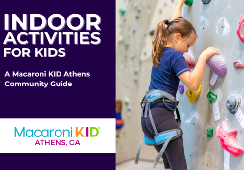 Photo of young girl climing indoor rock climbing obstacle with white text