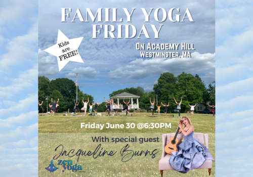 Shows families outdoors on a grassy hill doing yoga.