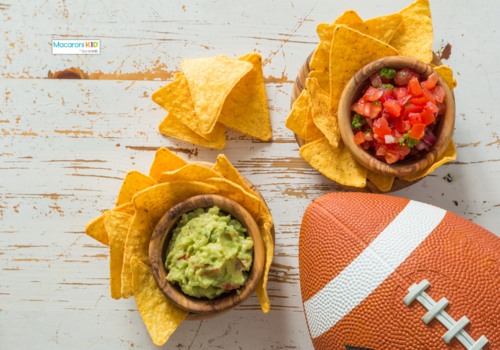 football party food, including guacamole, salsa and chips