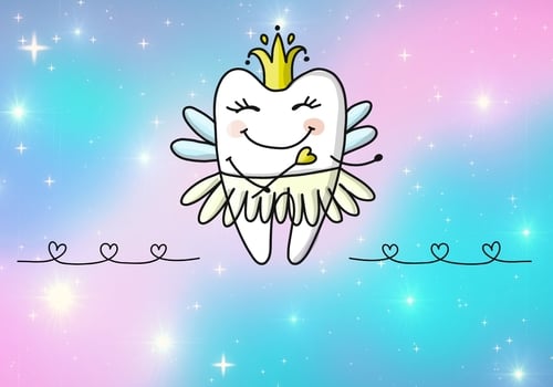 Tooth Fairy wearing a crown and holding a wand, in front of a sparkly starry background