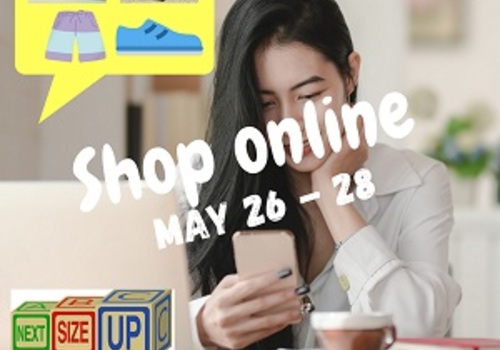 Woman shopping on phone text Next Size Up Kids Consignment Sales Online event May 26 to 28