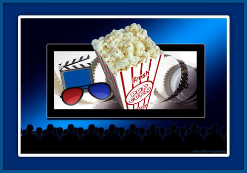 silhouettes of people sitting in a movie theatre and there is popcorn, a film strip & 3d glasses on the screen