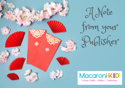 A note from your Conejo Valley - Malibu - Calabasas Publisher with a light  blue background, cherry blossoms, red fans and red envelopes