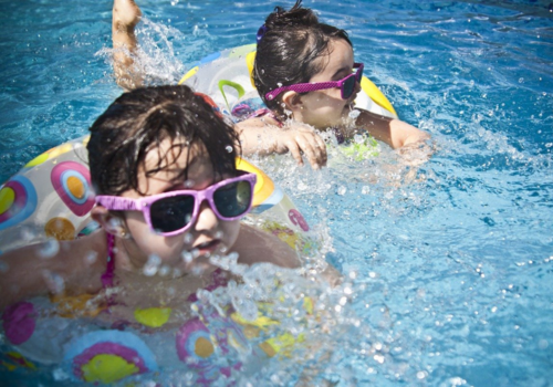 pool, girls, floaties, water, sunglasses