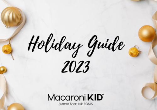 Holiday Guide 2023 words in center; Macaroni KID Summit Short Hills SOMA logo at bottom; som edecorations on each side of rectangle