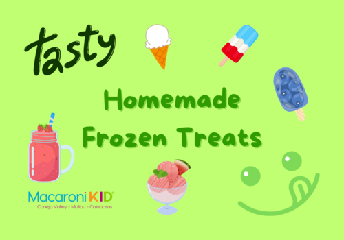 Tasty Homemade Frozen Treats, images of ice cream cone, red white and blue popsicle, blueberry popsicle, watermelon granita and a smoothies with a smiling face licking it's tongue