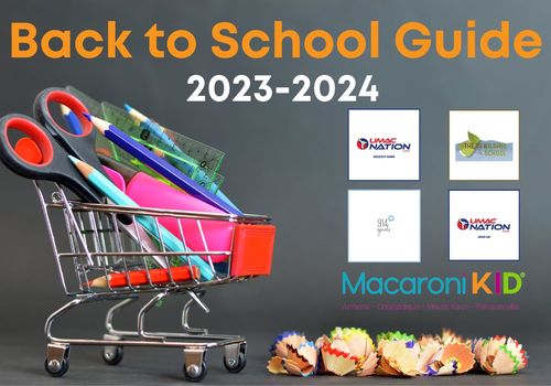 school supplies in a shopping cart with UMAC, 914 Speaks, The Rewilding School, and Macaroni KID represented