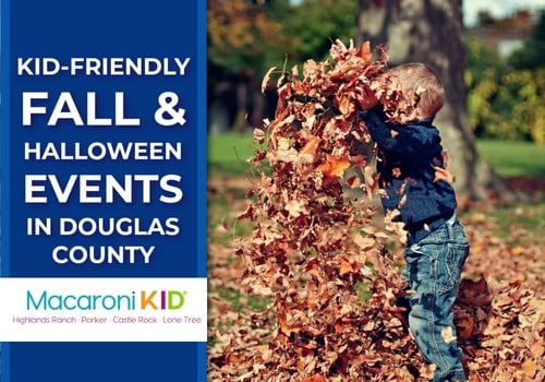 little boy playing with a pile of fall leaves and text that says kid-friendly fall and halloween events in douglas county and macaroni kid logo