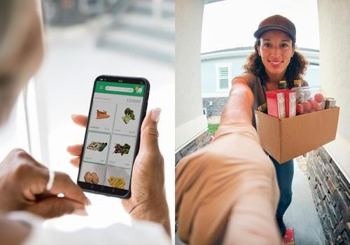 First photo shows someone searching for food items through their smartphone. Second photo is a delivery person rining a doorbell with a box of groceries.