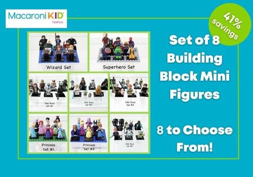 Set of 8 building block mini figures, 1 set wizard, 1 set superhero, 4 sets star guys, and 2 sets princess, Lego-compatible, 41% savings