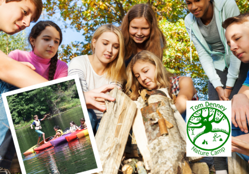 Shows young campers buidling a wood fire, and campers in canoes.