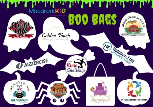 Chesapeake VA Boo Bags 2024 Halloween free goodie bags swag local businesses cinema cafe golden touch massage and spa mount pleasant farms hatcher and frey orthodontics ladybug's librairie