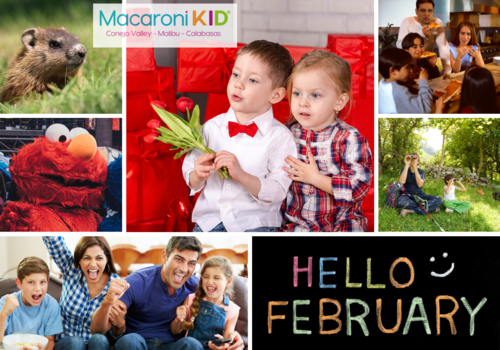 Hello February,  groundhog, Elmo, 2 kids holding flowers in front of red packages, Family watching, cheering, family eating pizza and grownup and child using binoculars sitting outdoors on the grass