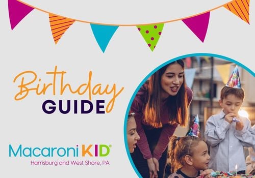 A birthday celebration with kids in party hats and colorful decorations. Macaroni KID Harrisburg & West Shore’s Birthday Guide helps parents find the best party venues and services in the area