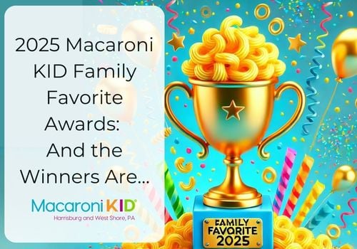 A bright digital graphic featuring a golden trophy topped with macaroni noodles, surrounded by colorful confetti and balloons, representing the excitement of Macaroni KID Family Favorite Awards 2025.