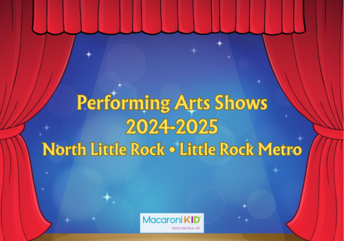 Red theater curtain over a blue backdrop with twinkling stars and a spotlight. Text: Performing arts shows 2024-2025, North Little Rock, Little Rock Metro