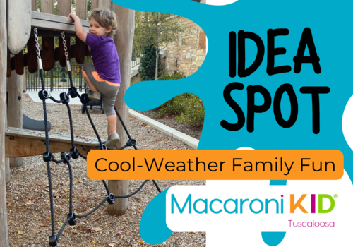 Idea Spot: Cool-weather family fun with blue paint spot, female toddler wearing a purple shirt and gray pants climbing on playground and looking at the camera