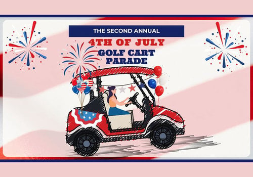 cartoon imagery of golf cart decorated for 4th of July