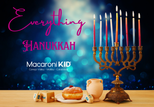 Everything Hanukkah a menorah with 9 candles lit, an oil pot, dreidels and a jelly doughnut with a pretty blue sparkly background