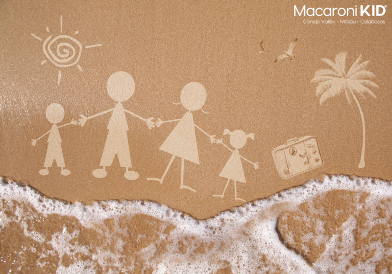 stick figure family in the sand with a sun, palm tree, suitcase and seagulls with foam on the shore