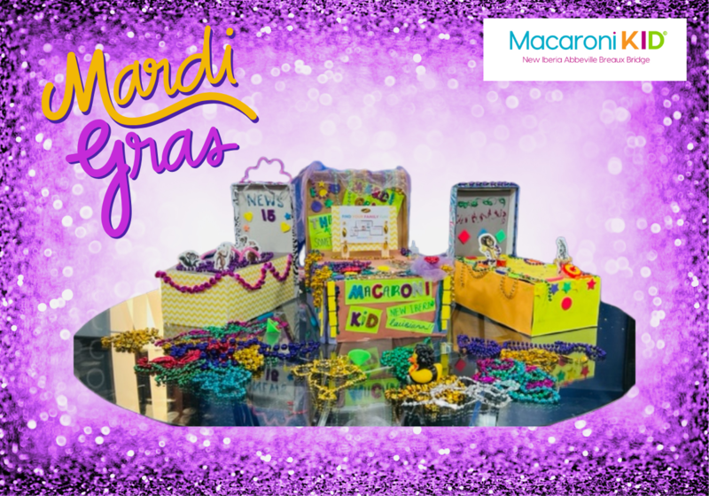 shoe box craft with purple, green and gold colors with beads and craft items