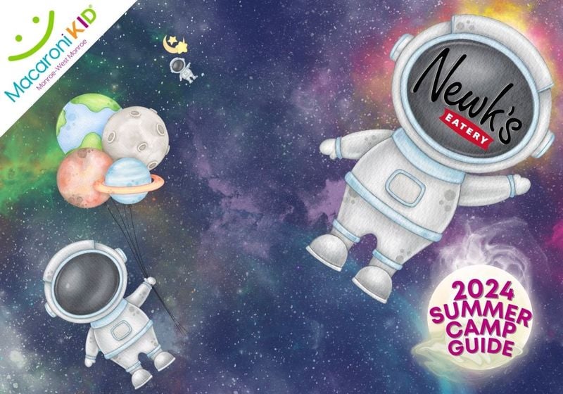 Watercolor astronauts floating in space: the cover of a summer camp guide for children.