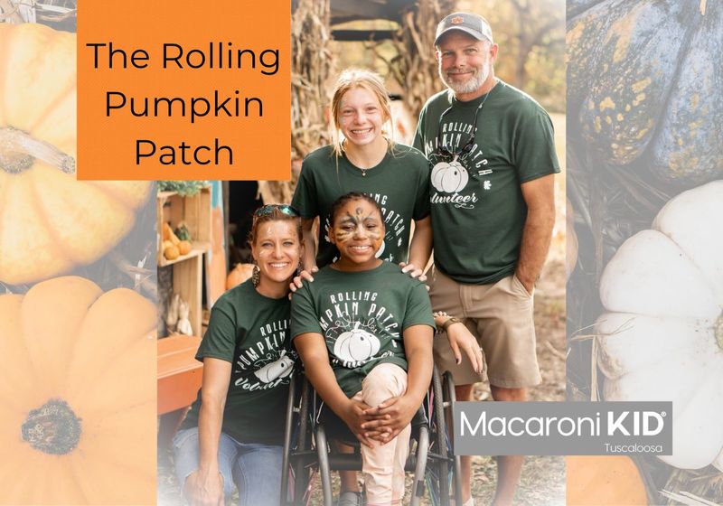 Rolling pumpkin patch green shirts wheelchair accessible adoption family photo Alabama pumpkin patch