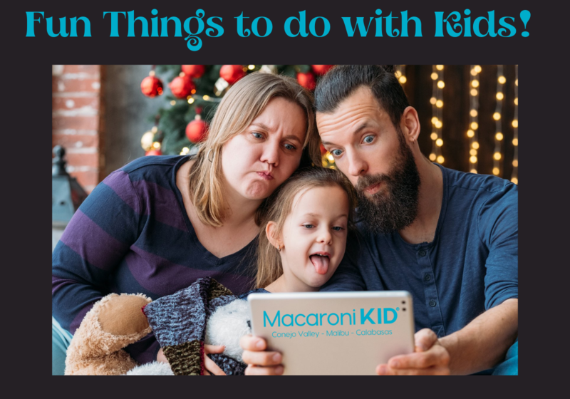 Parents and a little girl with he tongue out looking inquisitively at their tablet 5 Fun Things to do with Kids! Macaroni KID Conejo Valley - Malibu - Calabasas