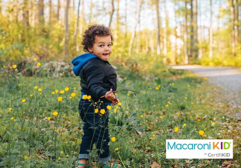 toddler hiking in spring forest