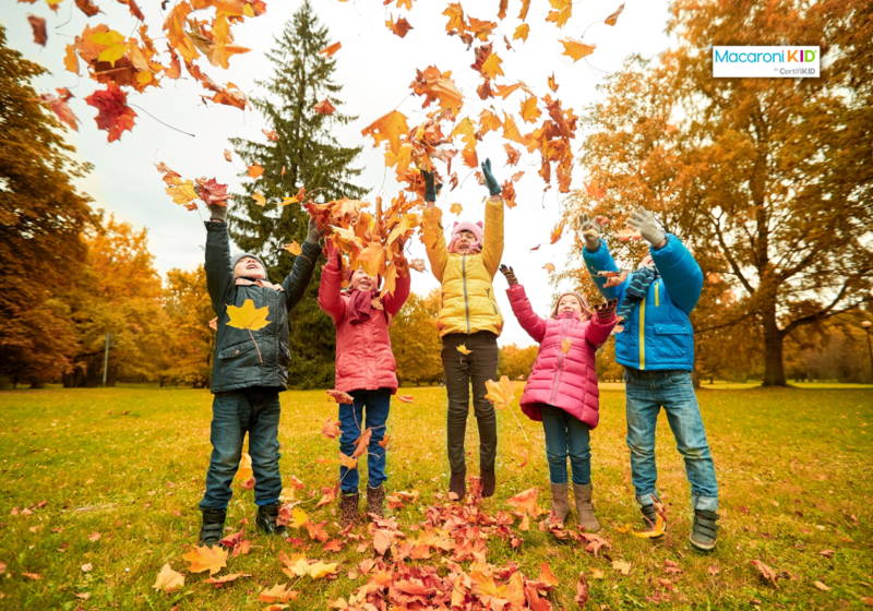Happy Children Playing with Autumn Leaves