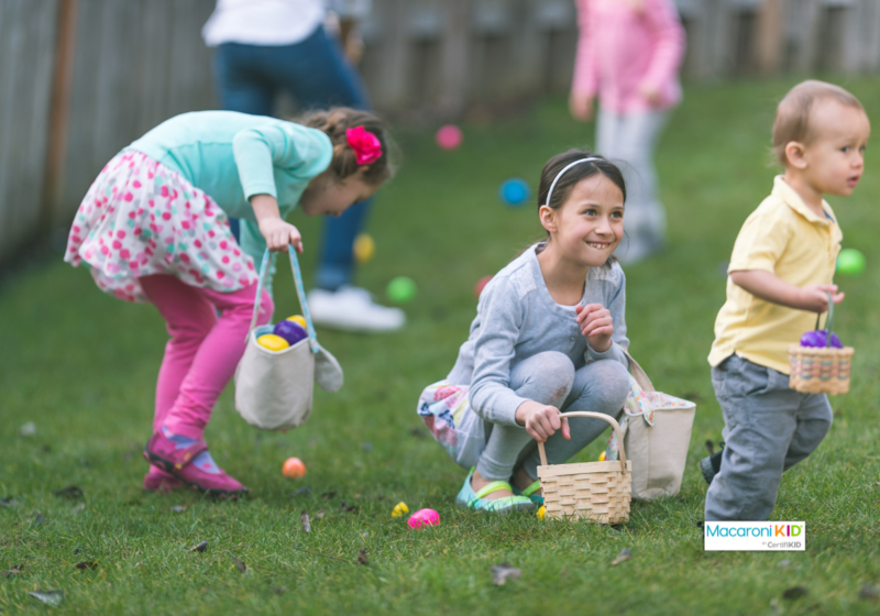 kids having fun at a backyard easter egg hunt