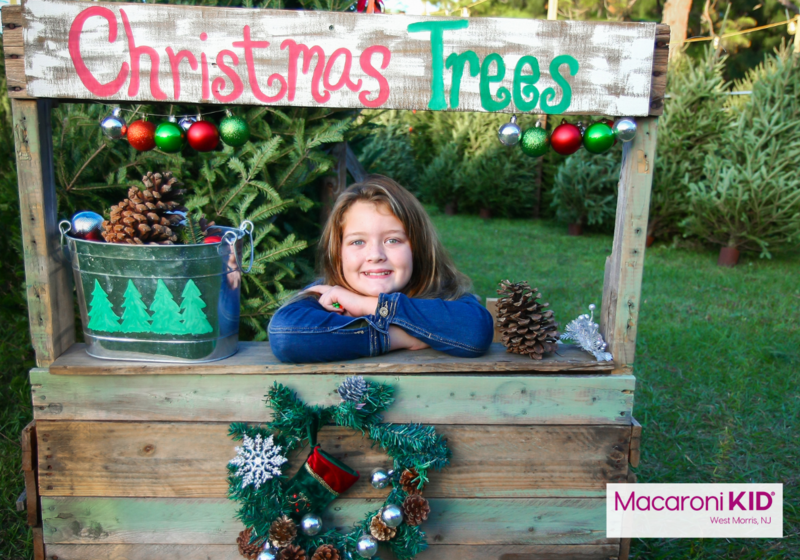 a girl at a wooden booth selling christmas trees and wreaths