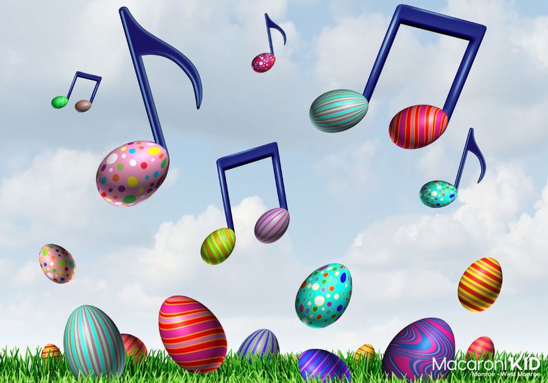 Music Notes flying in the sky, easter eggs scattered everywhere. They are brightly colored background is a blue sky.