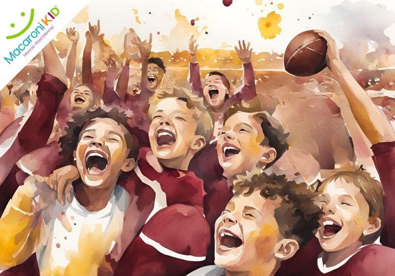 A watercolor of the University of Louisiana Monroe with kids laughing and have fun with a football. They are part of the ACE's Kids Club.