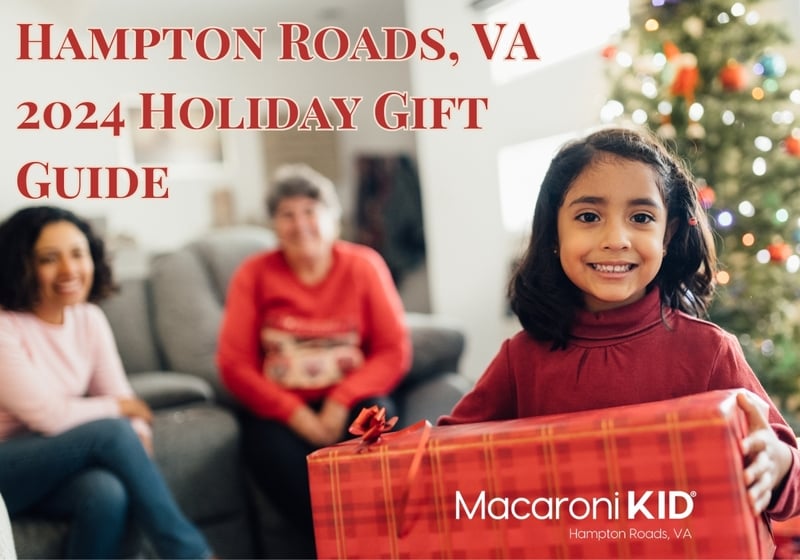 Holiday Gift Guide Hampton Roads VA 2024 Macaroni Kid Family exchanging gifts child smiling opening presents near Christmas tree from local small businesses unique finds