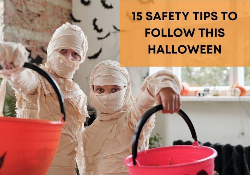 Two young kids dressed as mummies and holding halloween pumpkin buckets, text reads 